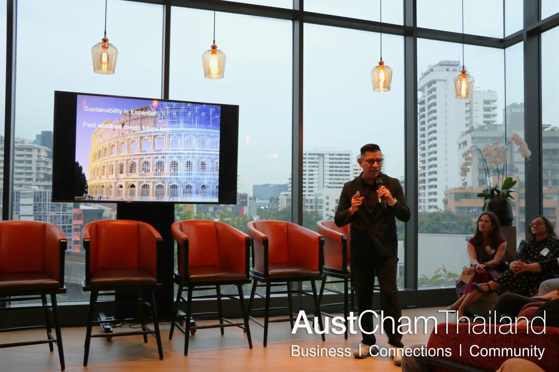 Danny Bentley speaking about sustainability and climate-responsive design at AustCham Thailand NextGen 2025 in Bangkok.