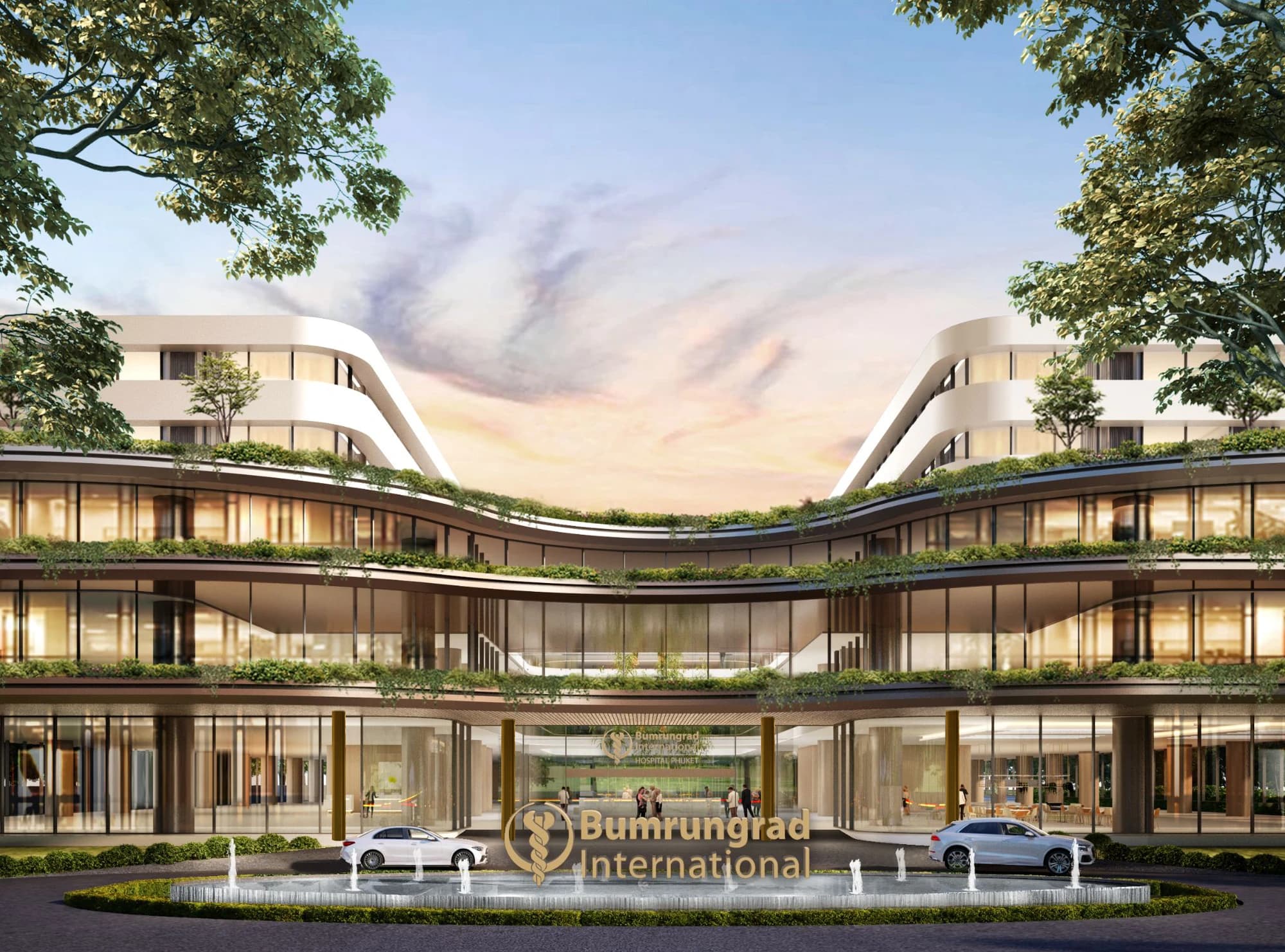 Front architectural rendering of the hospital entrance with curved planted terraces, glazed facades, and a fountain in the forecourt.