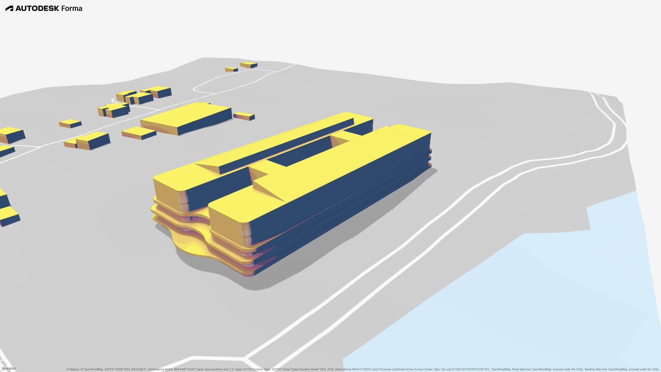 Autodesk Forma sun-hours study of the hospital massing, with yellow roof surfaces and blue shaded facades in the surrounding site context.