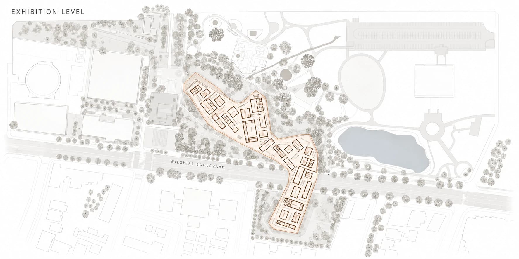 Illustrative Exhibition Level plan of the David Geffen Galleries within the LACMA campus, crossing Wilshire Boulevard.