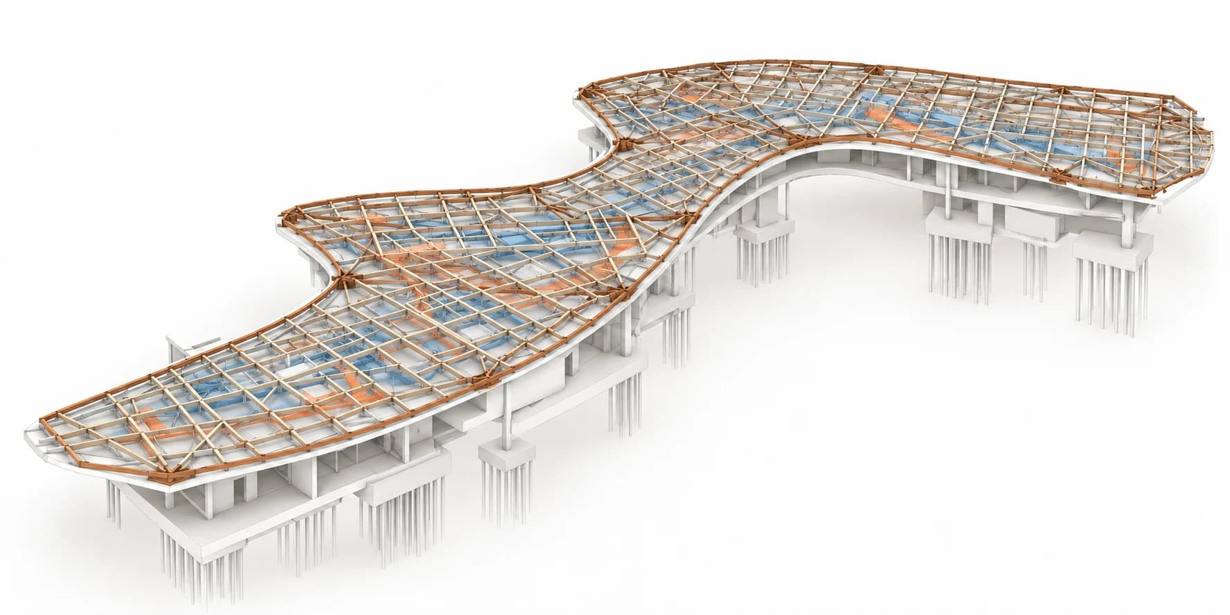 Portfolio axonometric showing the galleries' roof outline, framing grid, and colored service layers.