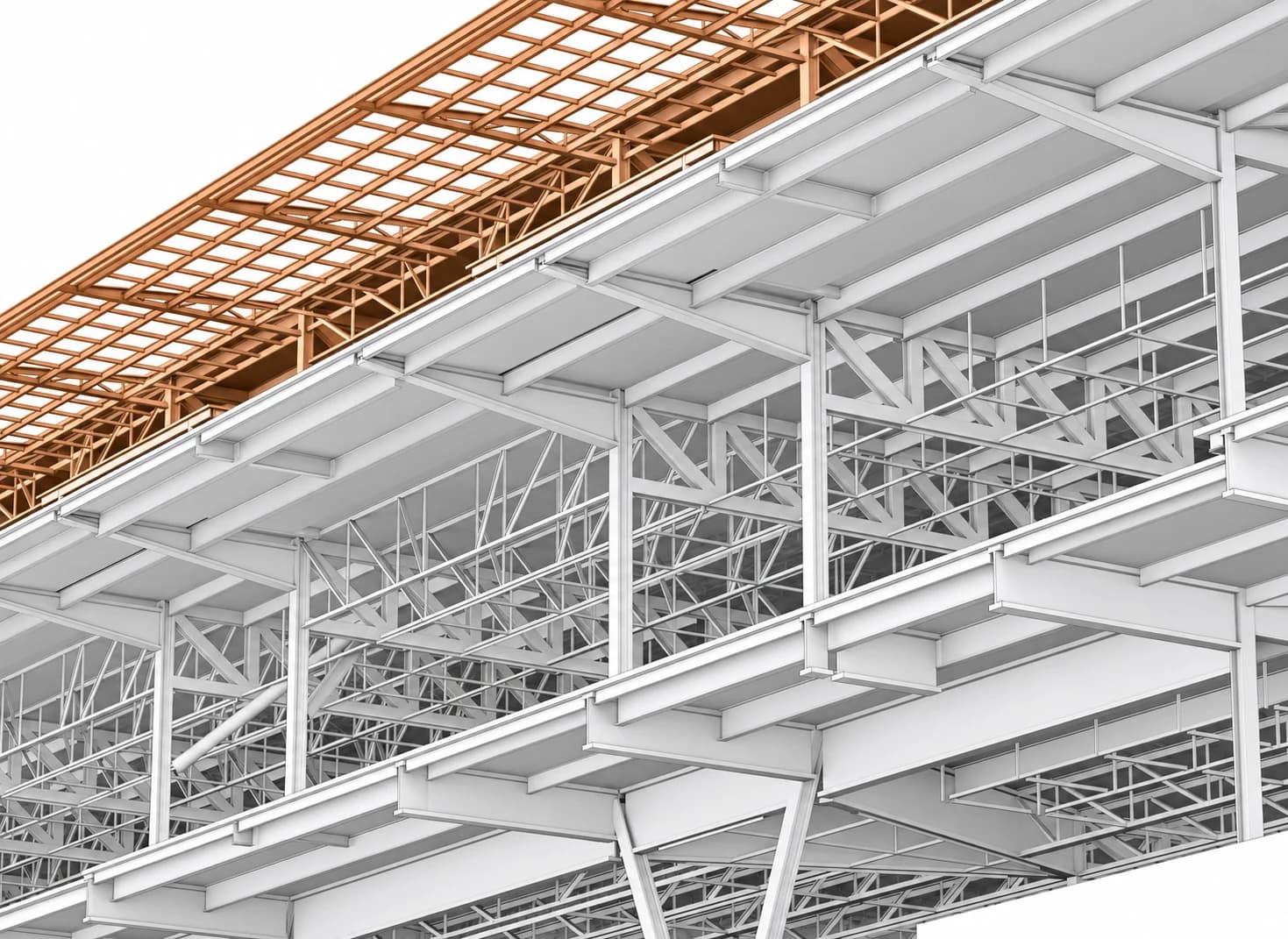 Upward structural view of floor beams, diagonal braces, and copper-highlighted roof framing.