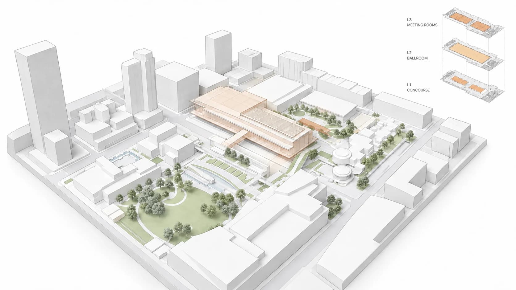 Axonometric portfolio diagram of the Moscone Center Expansion in its urban setting, with meeting room, ballroom, and concourse levels inset.