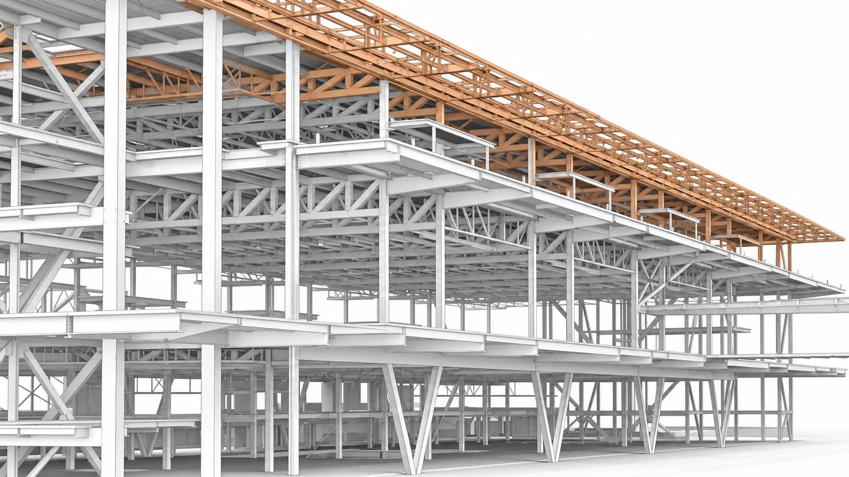 Structural BIM-style visualization of the Moscone Center Expansion framing and coordination system.