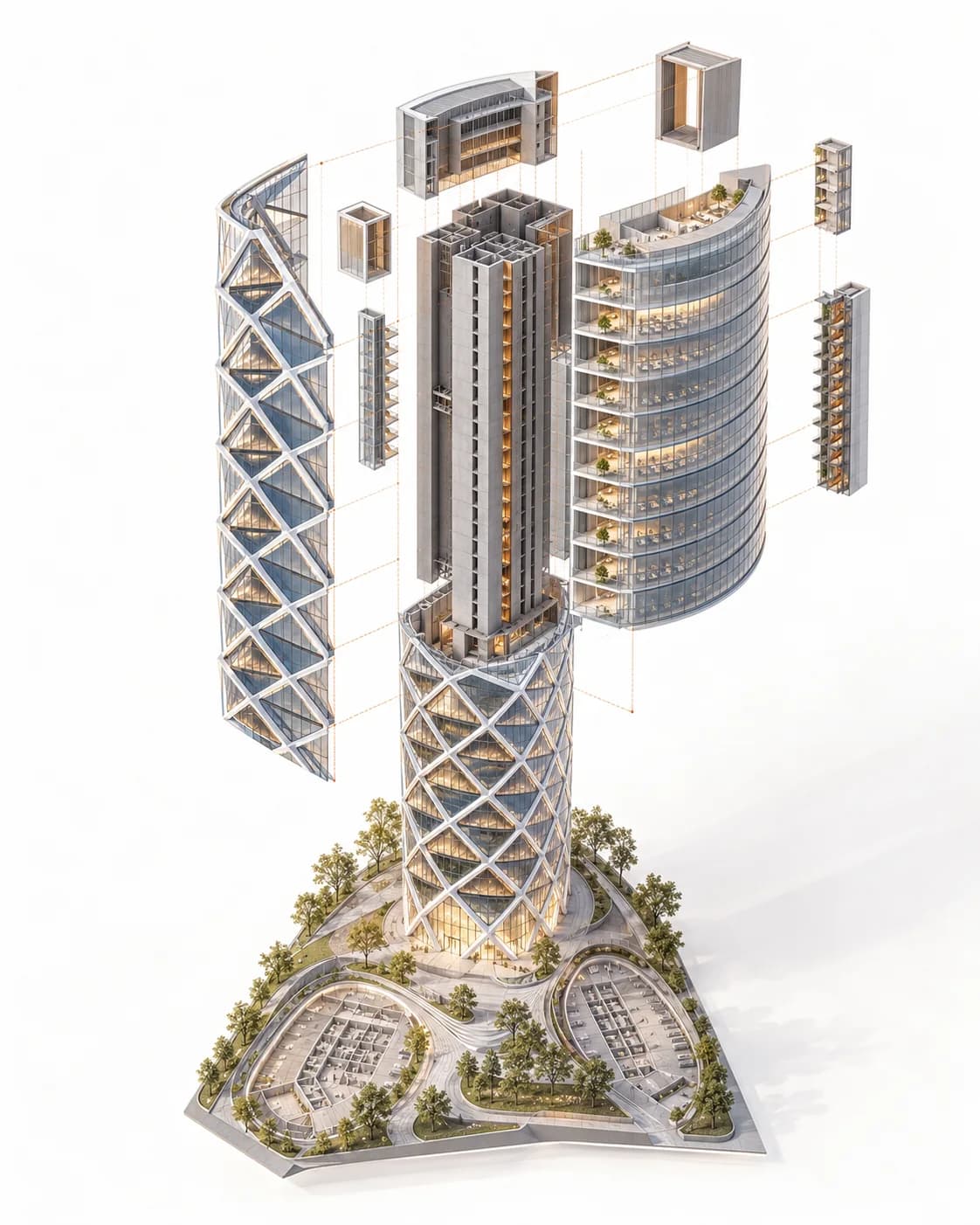 Exploded portfolio axonometric showing a diagrid enclosure, central service core, curved office floors, circulation elements, and site-level spaces.